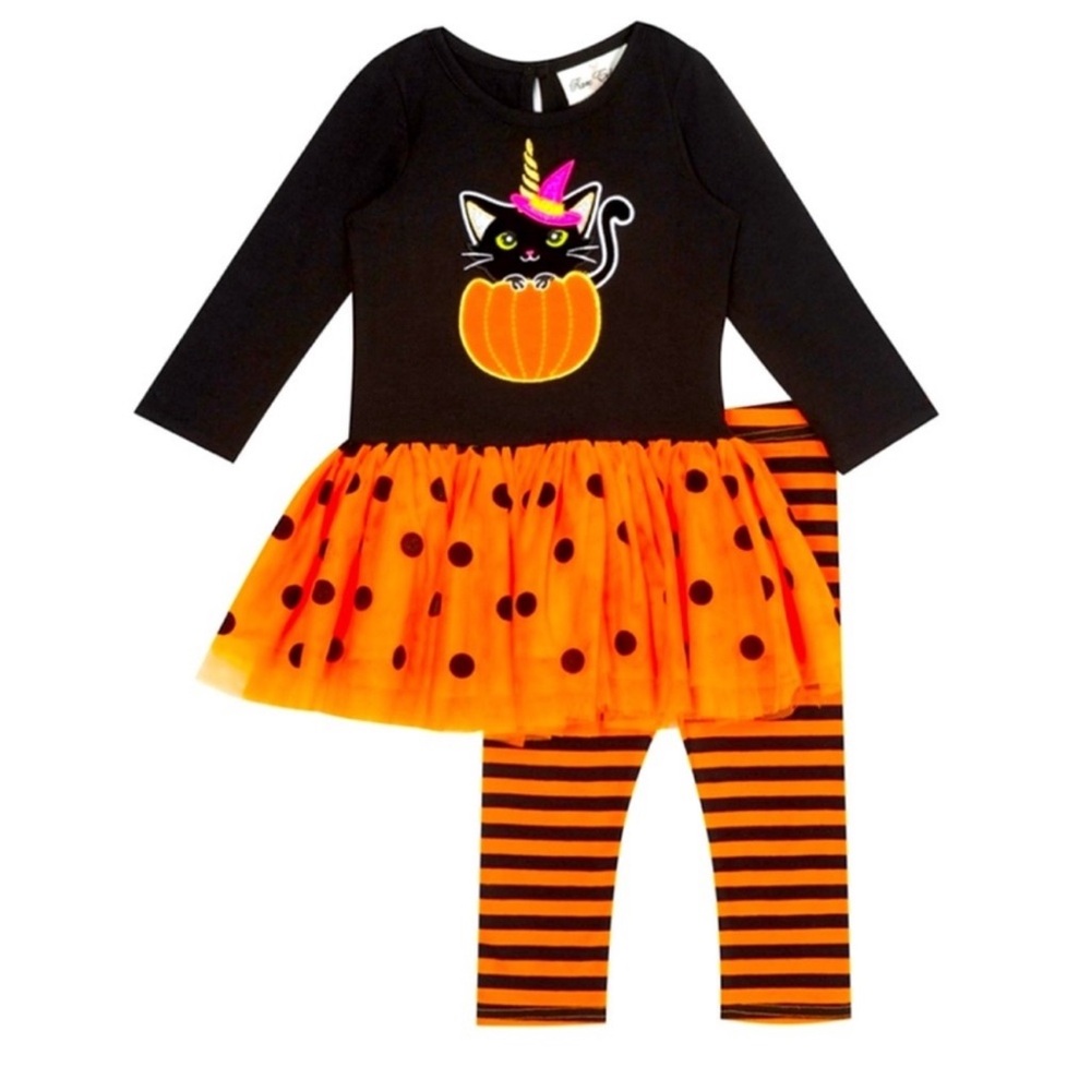 NWT Black & Orange Halloween Cat in pumpkin tutu & striped legging set, size 8